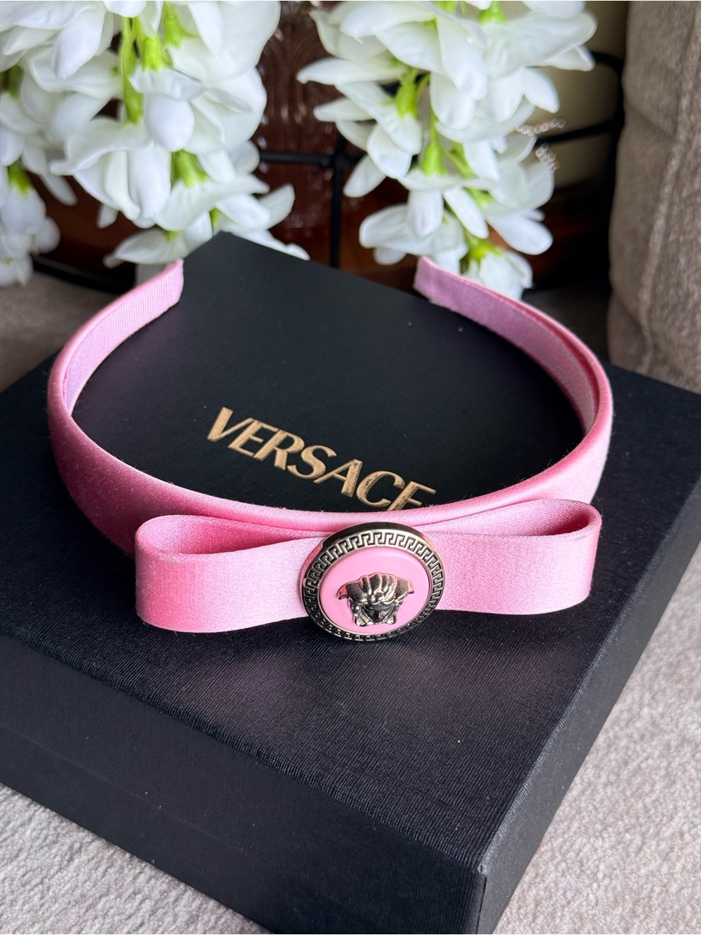 Versace Pink Satin Bow Silver Medusa Head Headband